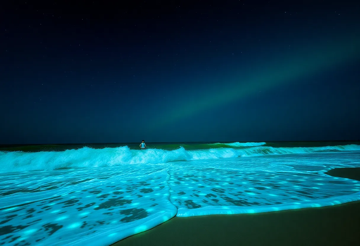 Glowing bioluminescent waves illuminating a beach at night.