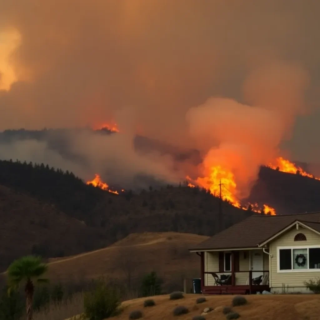 A burning hillside in California illustrating the damage caused by wildfires.