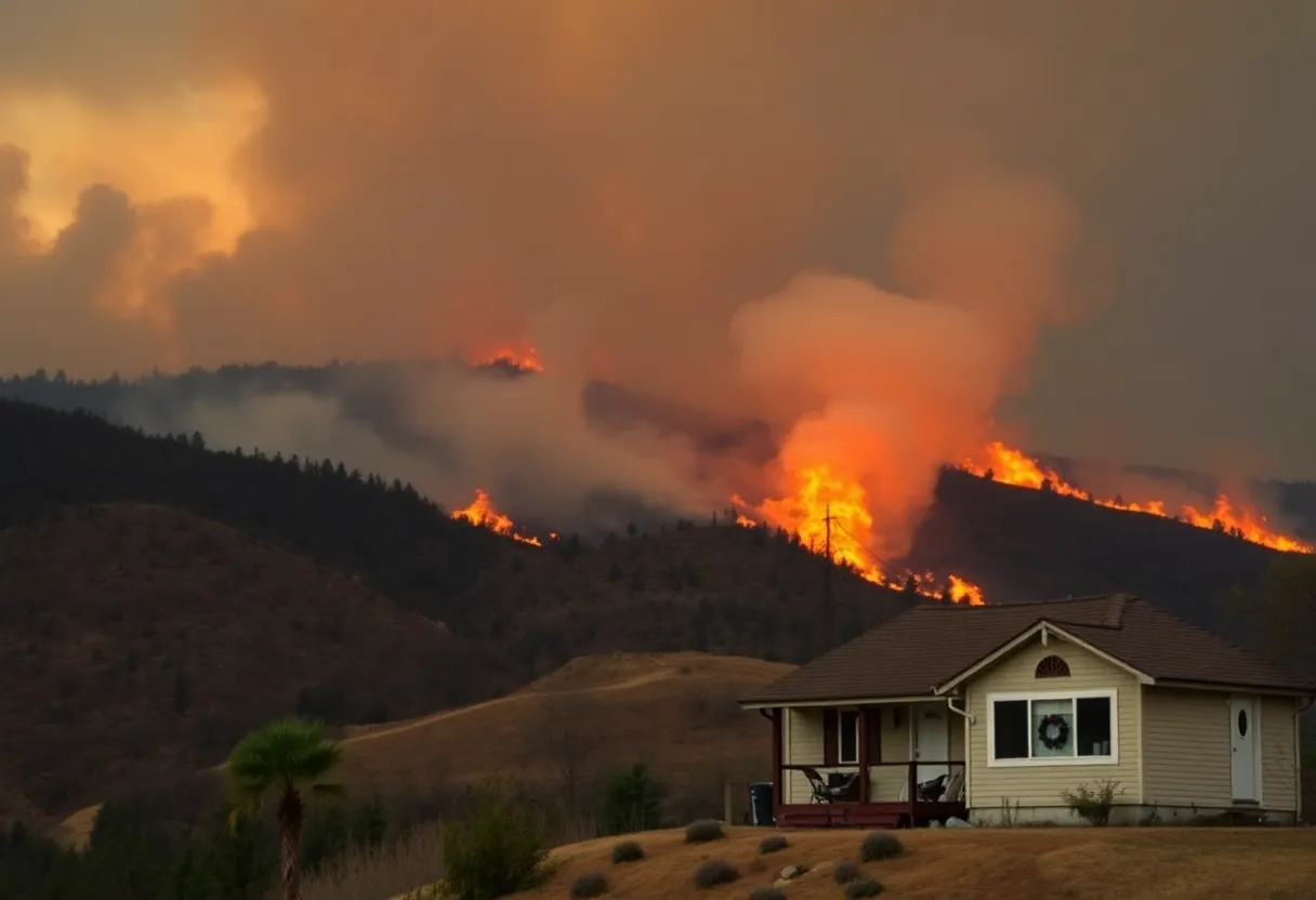 A burning hillside in California illustrating the damage caused by wildfires.