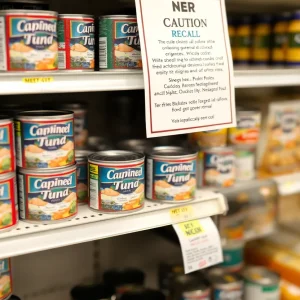 Canned tuna products with a recall sign in a grocery store.