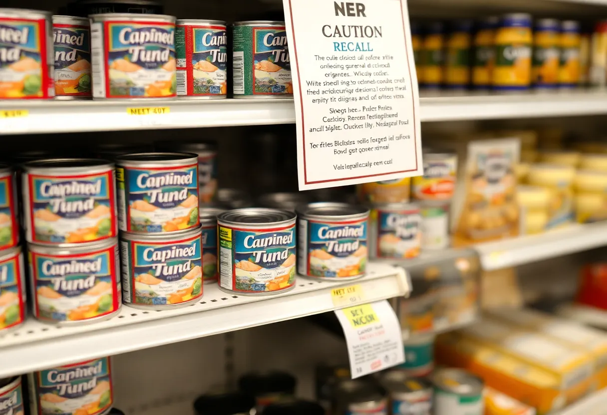 Canned tuna products with a recall sign in a grocery store.