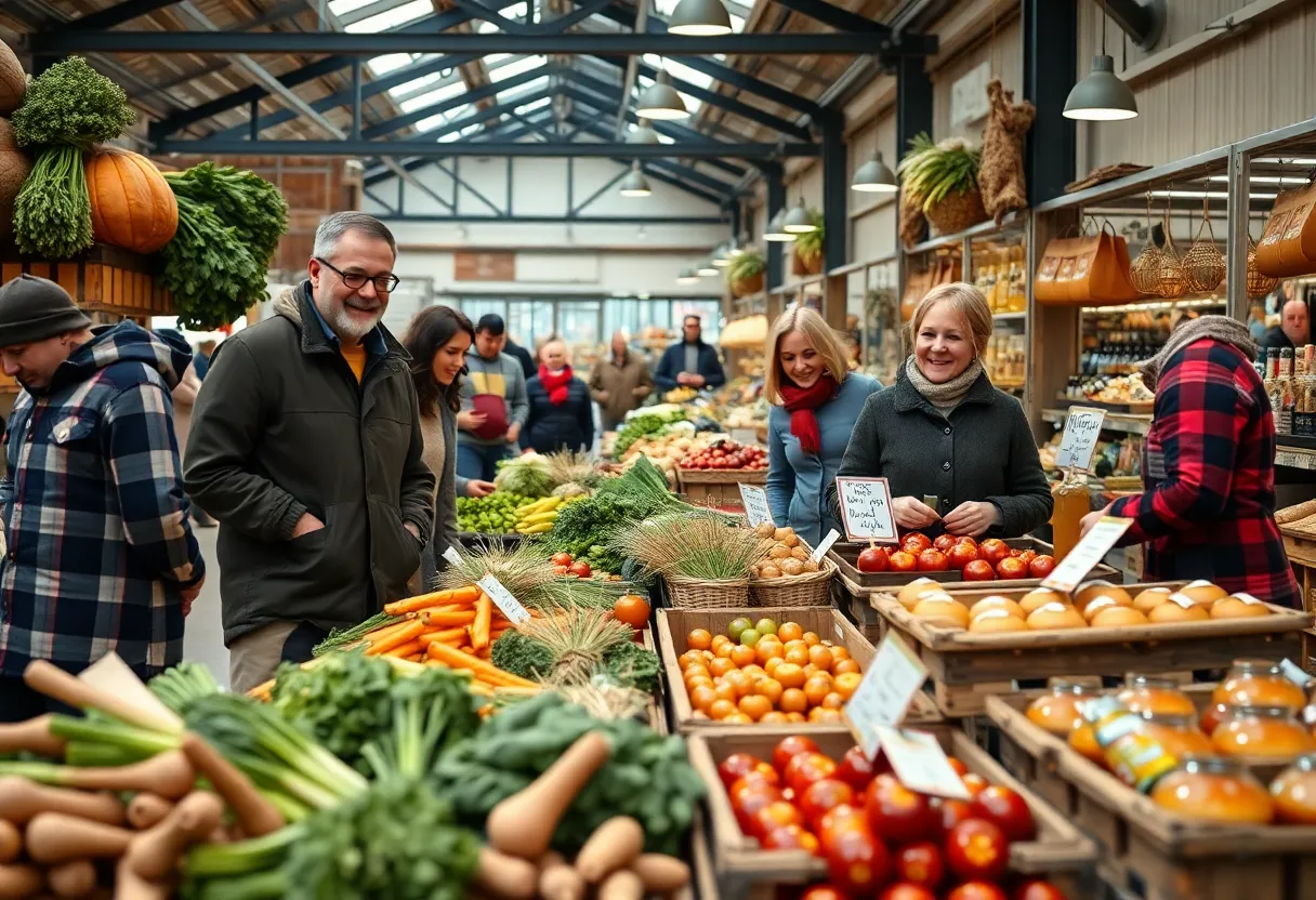 Indoor winter farmers market in Canton with fresh goods