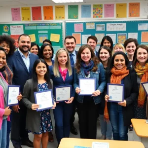 Diverse educators celebrating their achievements in education.