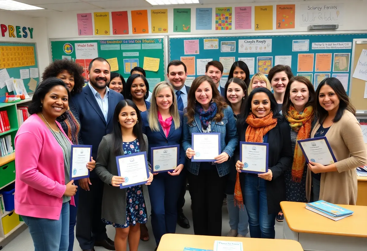 Diverse educators celebrating their achievements in education.