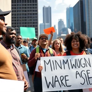 Group of diverse workers celebrating outdoors in Michigan