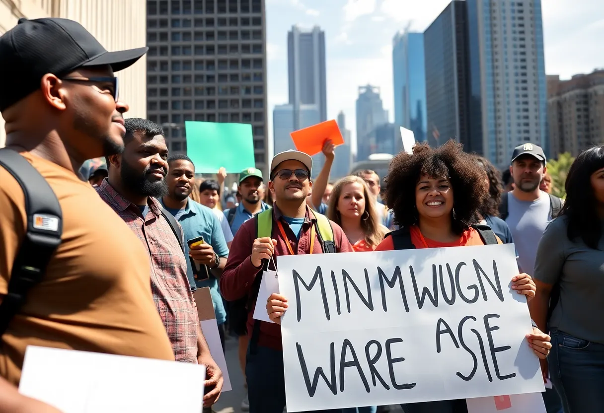 Group of diverse workers celebrating outdoors in Michigan