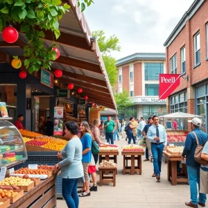 Vibrant marketplace in Cherry Hill Village with food stalls and community members.