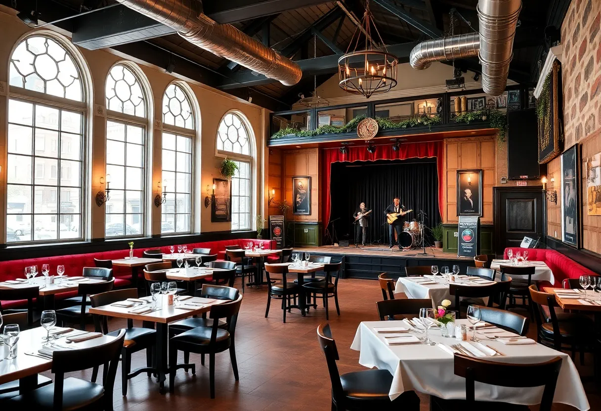 Interior view of Chicane Restaurant showcasing dining area and entertainment stage