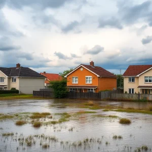 Houses impacted by climate change with flooding and stormy skies