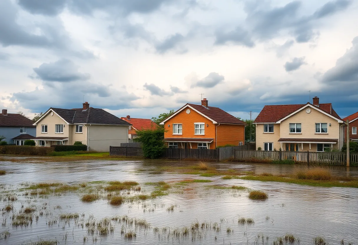 Houses impacted by climate change with flooding and stormy skies