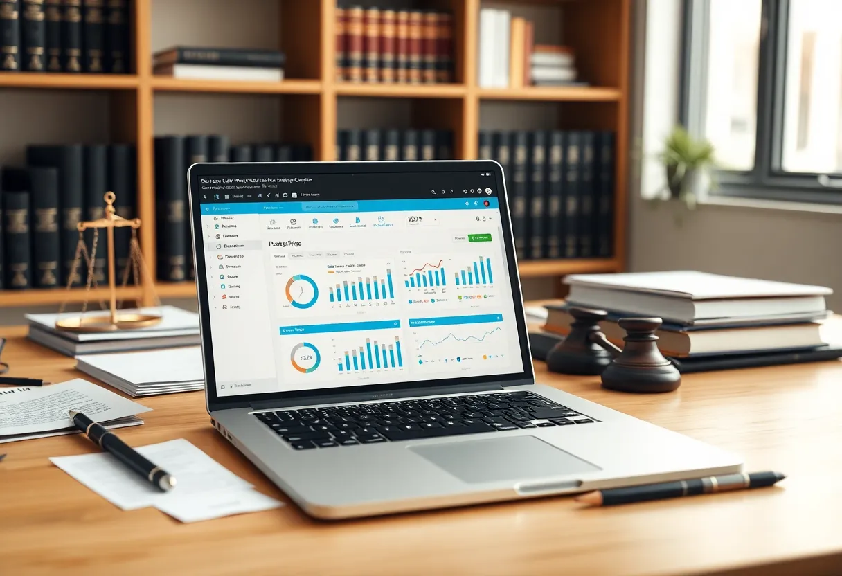 A law office with Clio legal practice management software on a laptop