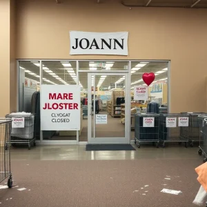 Closed Joann Fabric store with signs on the door