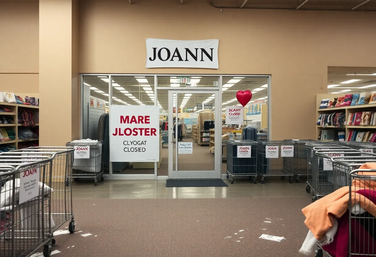 Closed Joann Fabric store with signs on the door