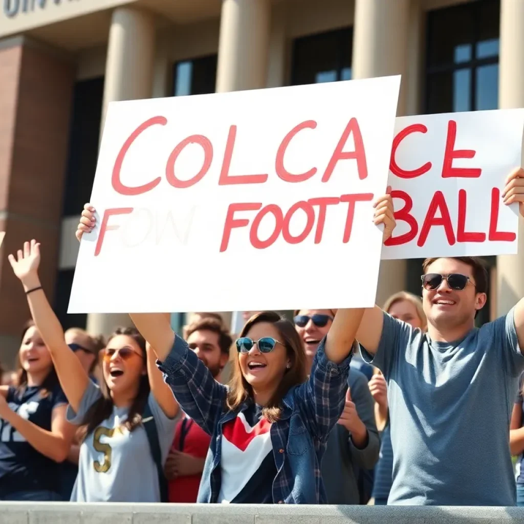 A vibrant group of college football fans cheering outside Michigan State University.