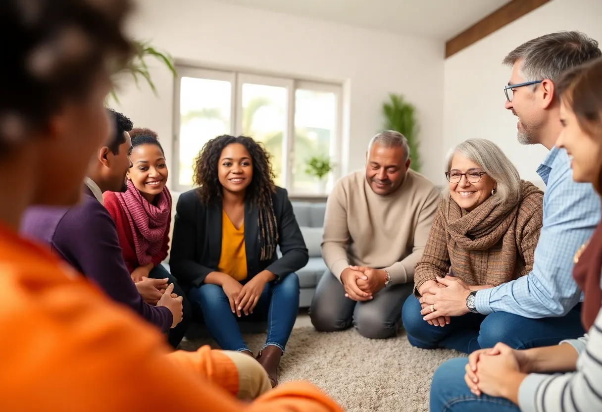 A group of diverse individuals engaged in a discussion about health awareness.