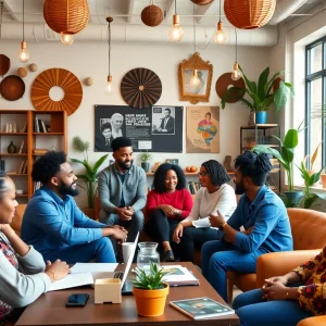 An entrepreneurial space filled with Black and brown business owners engaged in learning and collaboration.