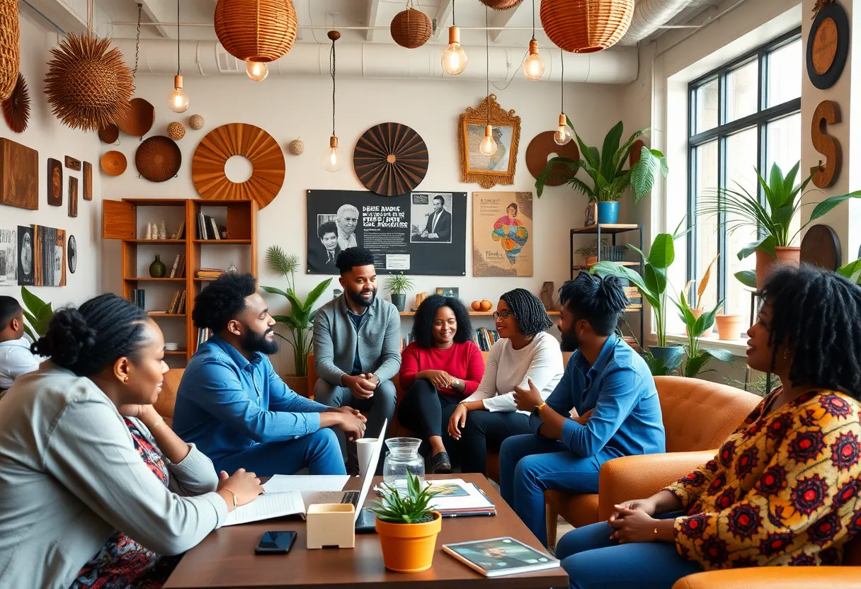 An entrepreneurial space filled with Black and brown business owners engaged in learning and collaboration.