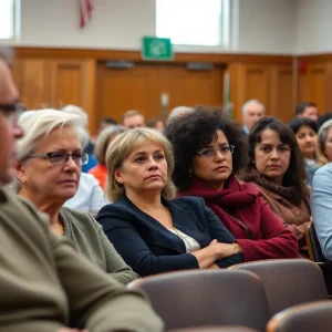 Residents gathered in a town hall discussing assistance programs.