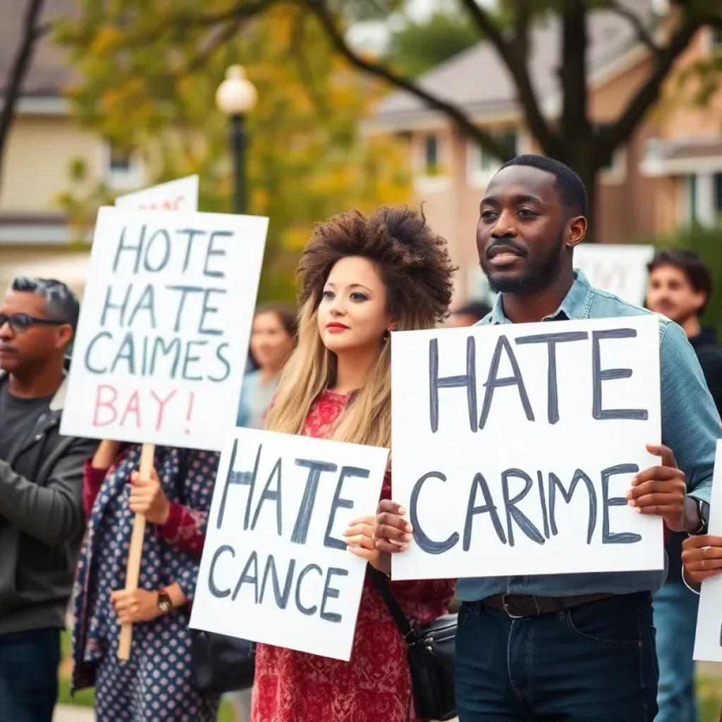 Residents holding signs at a rally against hate crimes