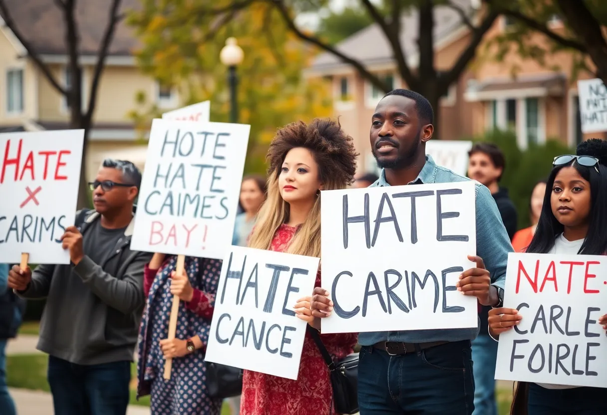 Residents holding signs at a rally against hate crimes