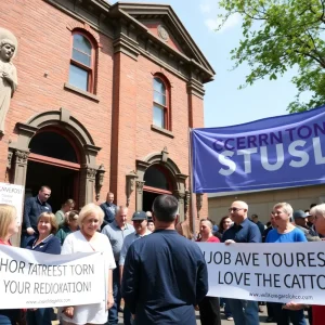 Community members gather in support of a renovation project.