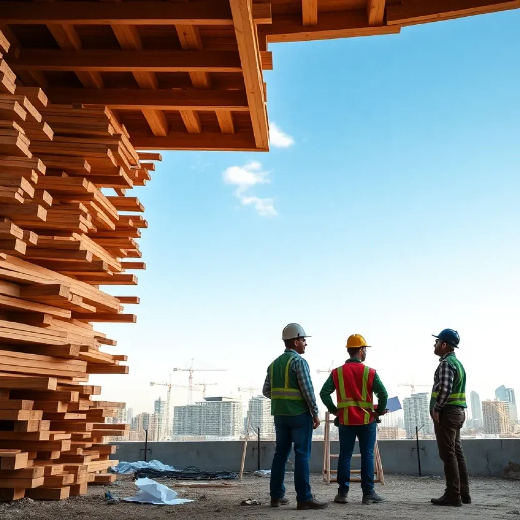 Construction workers at a site with lumber stacks and city skyline