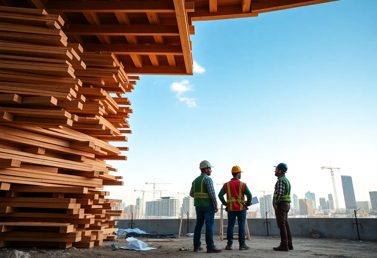 Construction workers at a site with lumber stacks and city skyline