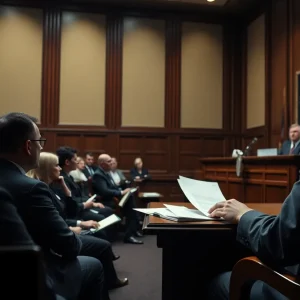 Courtroom scene depicting a case related to identity theft in St. James.