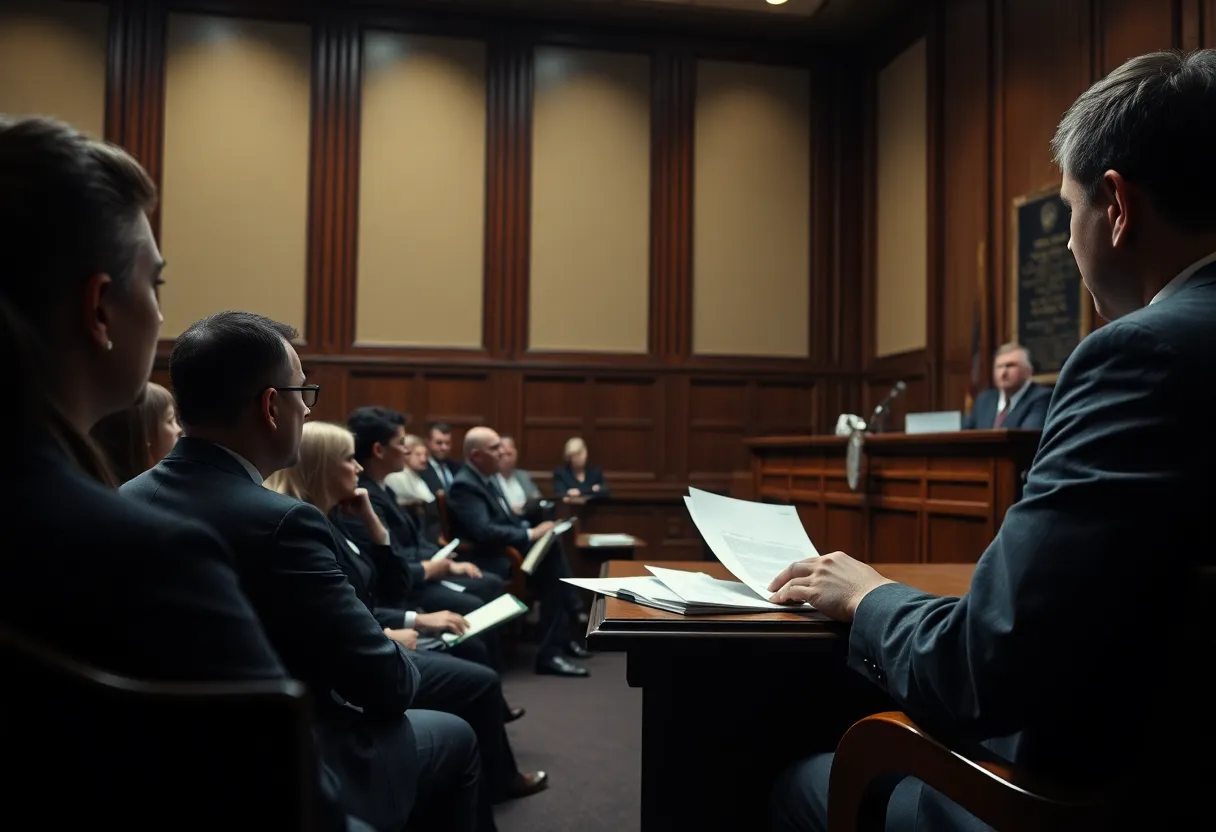 Courtroom scene depicting a case related to identity theft in St. James.