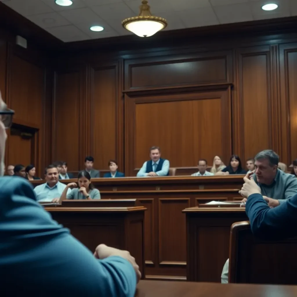 Courtroom depicting legal proceedings related to child abuse.