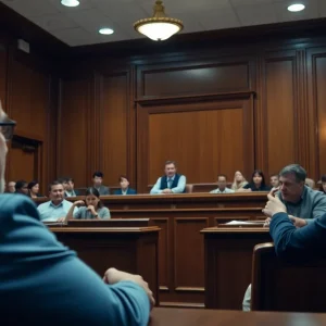 Courtroom depicting legal proceedings related to child abuse.