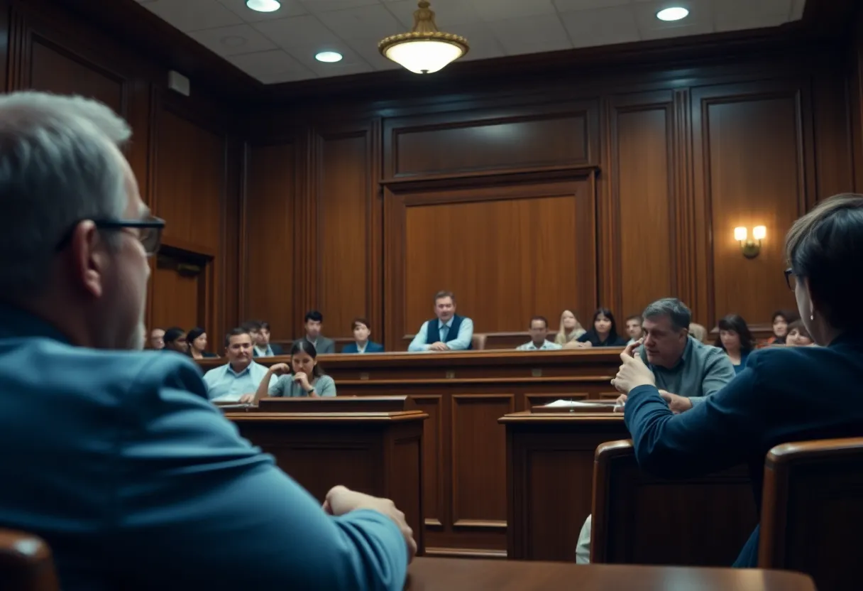 Courtroom depicting legal proceedings related to child abuse.