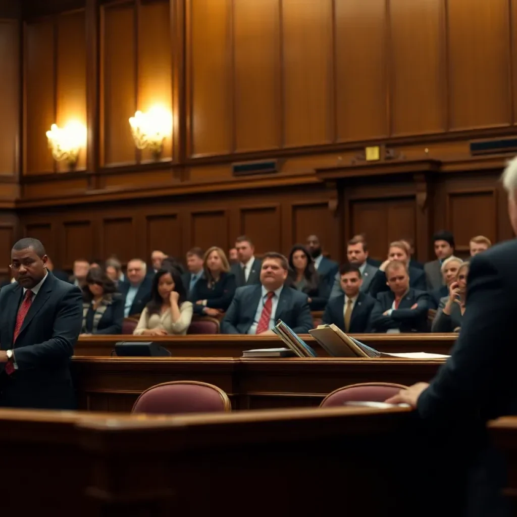 Dramatic courtroom scene with lawyers and spectators