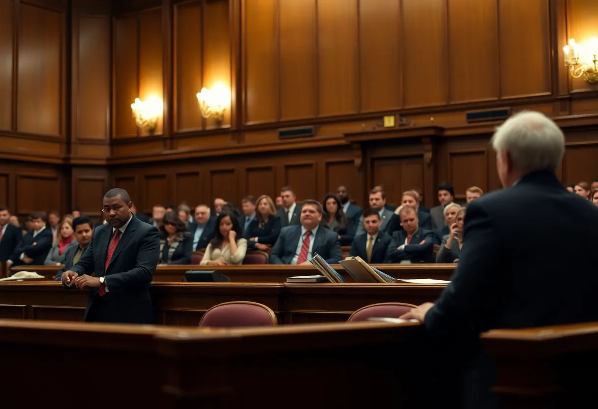 Dramatic courtroom scene with lawyers and spectators