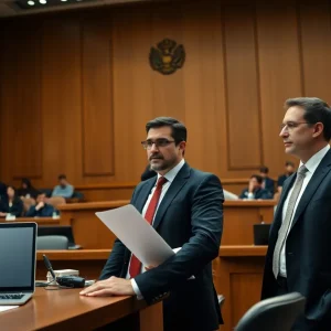 Courtroom scene depicting a legal showdown