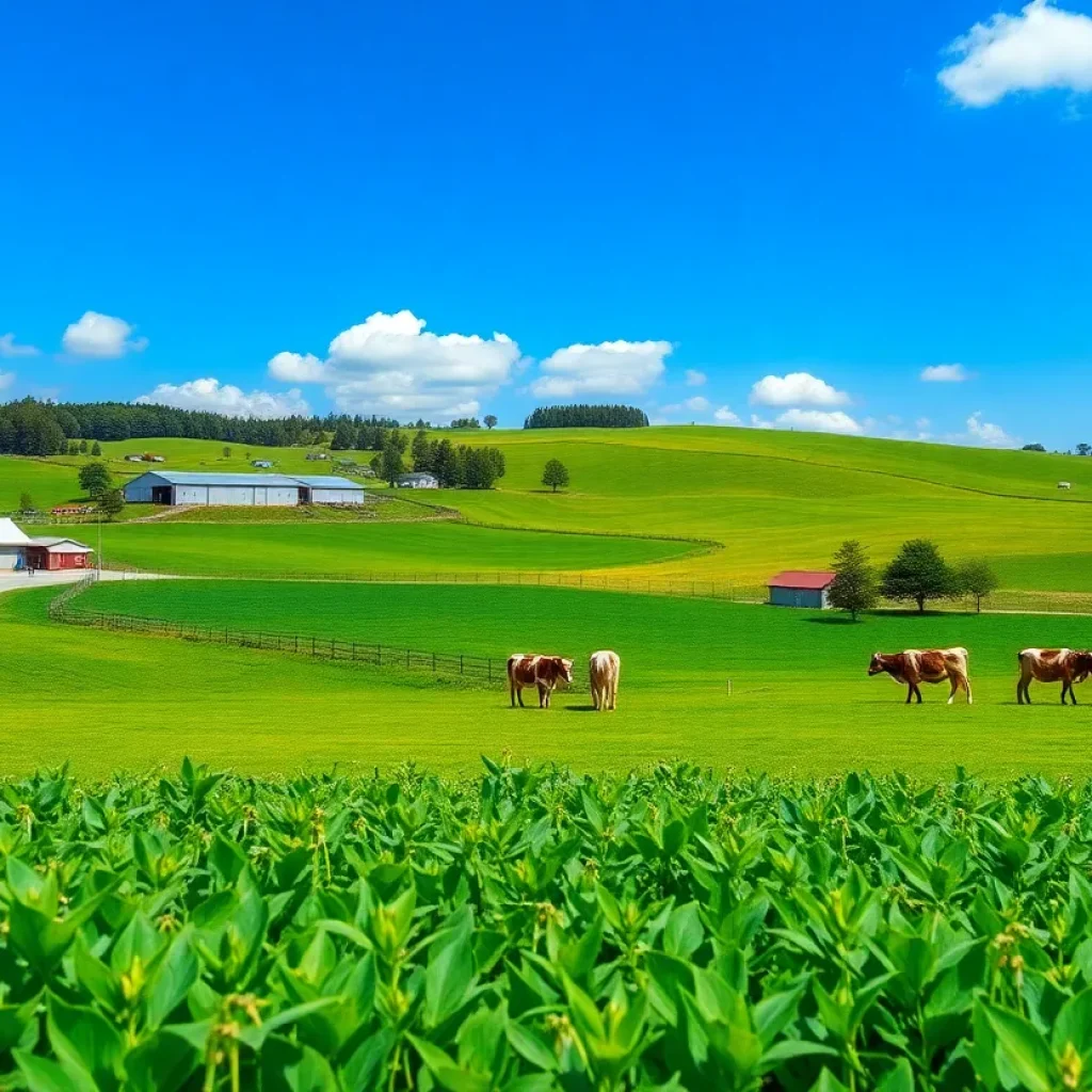 A scenic view of a dairy farm with cows and crops