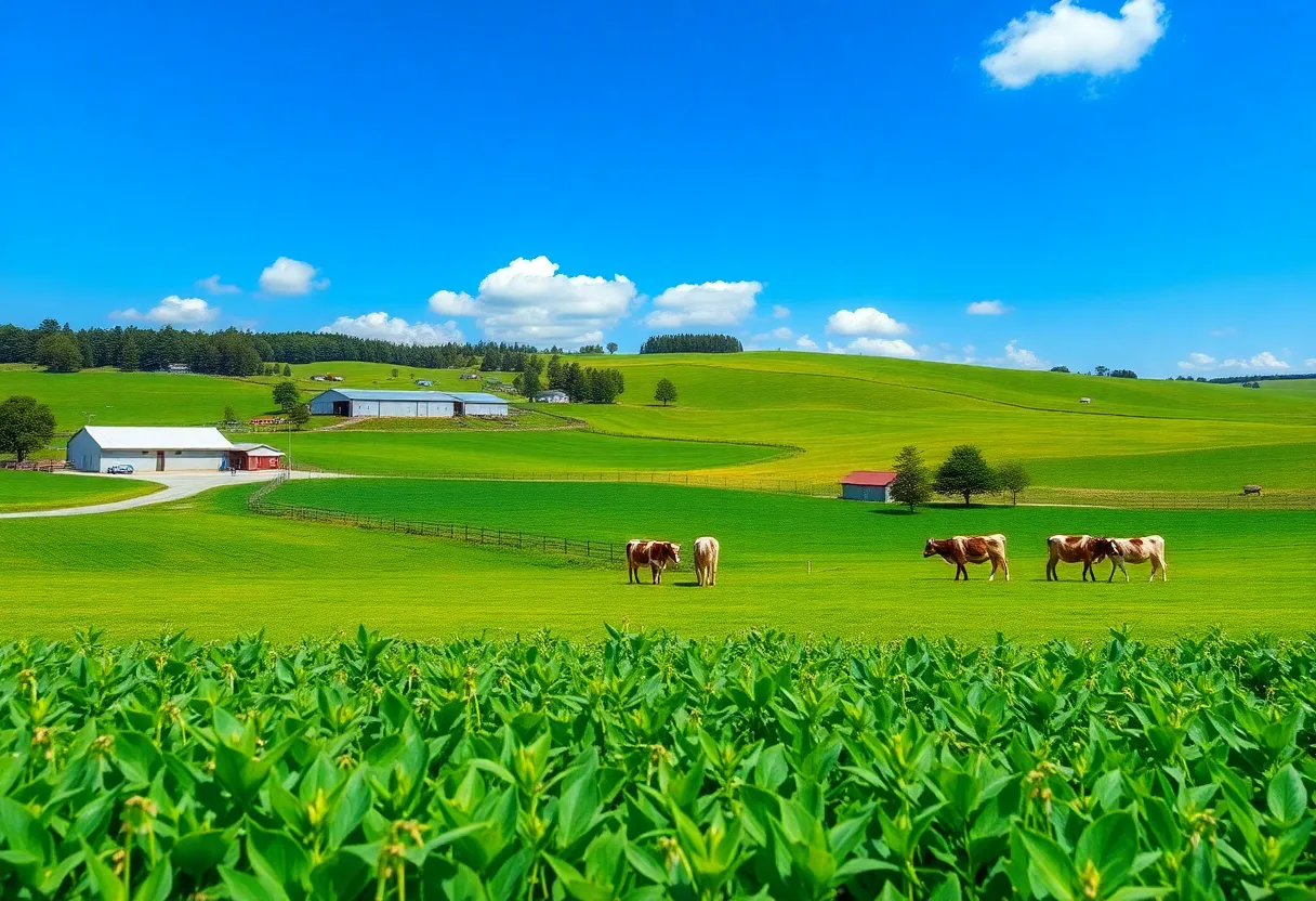 A scenic view of a dairy farm with cows and crops