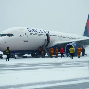 Emergency responders assisting after a Delta Air Lines crash landing