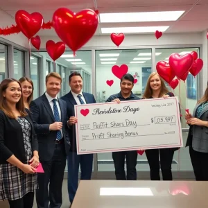 Celebration of Valentine's Day bonus at Delta Air Lines with happy employees