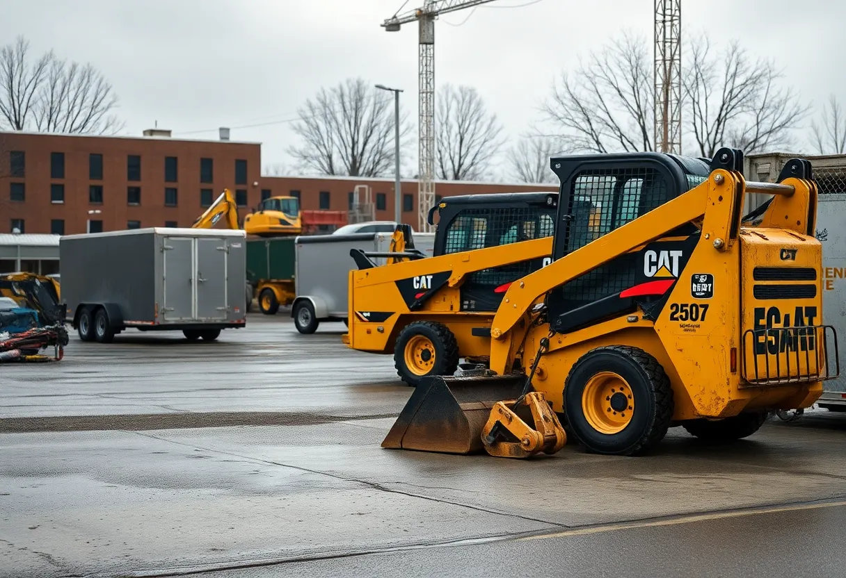 Construction equipment at a Detroit site with a somber mood reflecting theft issues.