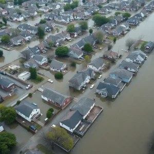 Aerial view of flooded streets in Detroit with rescue operations