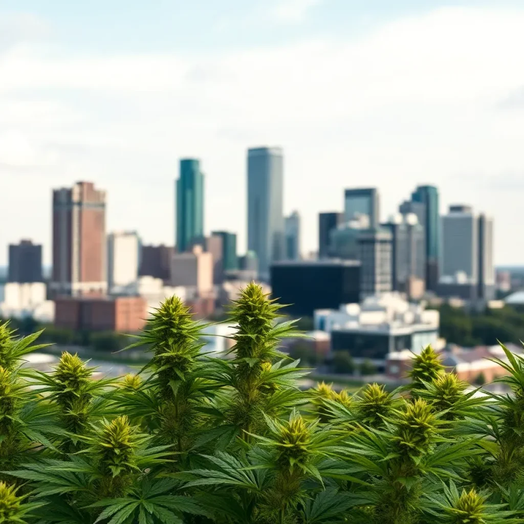 View of Detroit cityscape with cannabis plants representing tax revenue growth