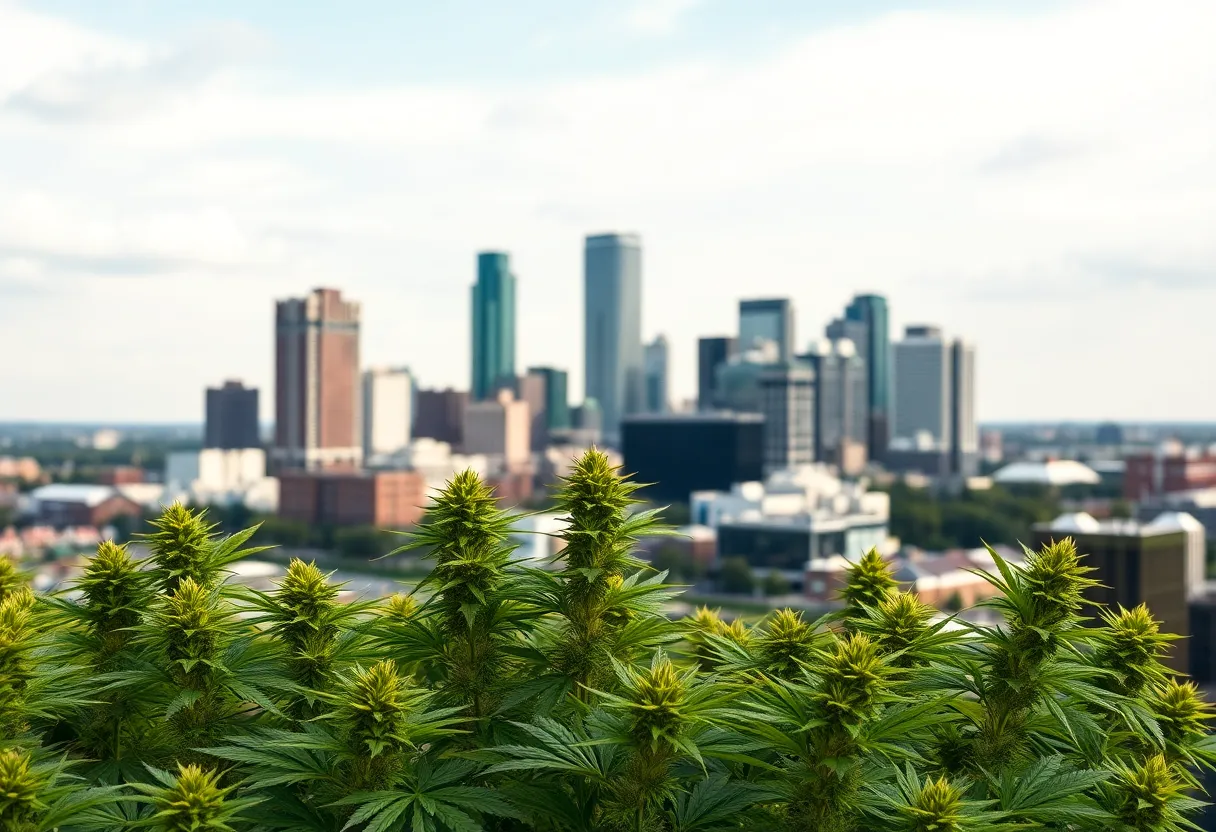 View of Detroit cityscape with cannabis plants representing tax revenue growth