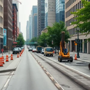 Construction workers repairing roads in Detroit