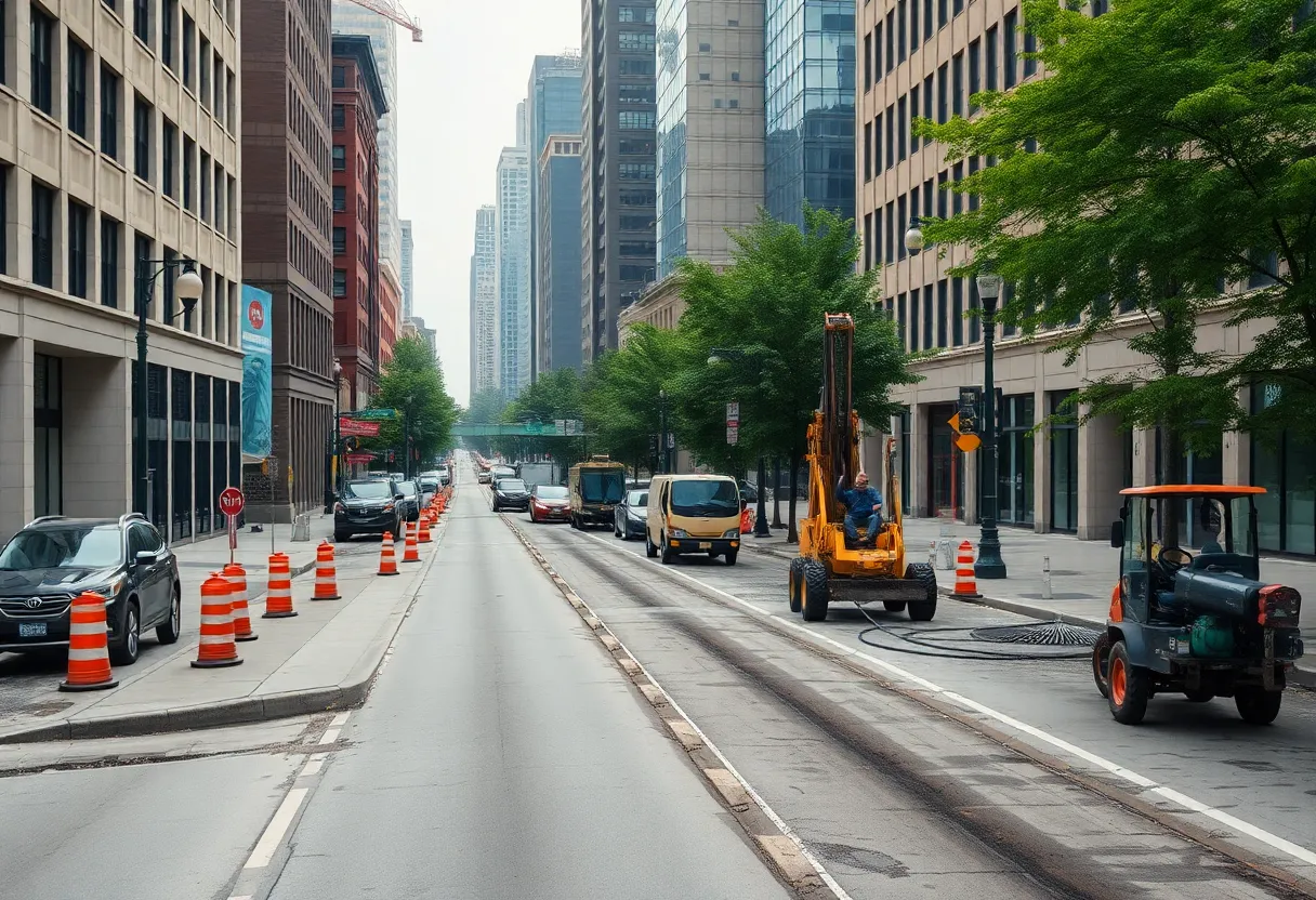 Construction workers repairing roads in Detroit