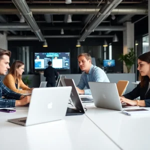 Professionals engaged in digital marketing activities in an office environment