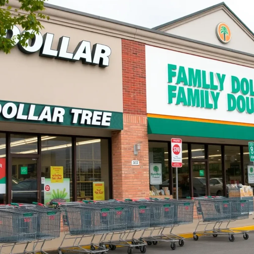 Front view of a Dollar Tree and Family Dollar store with shopping carts