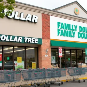 Front view of a Dollar Tree and Family Dollar store with shopping carts