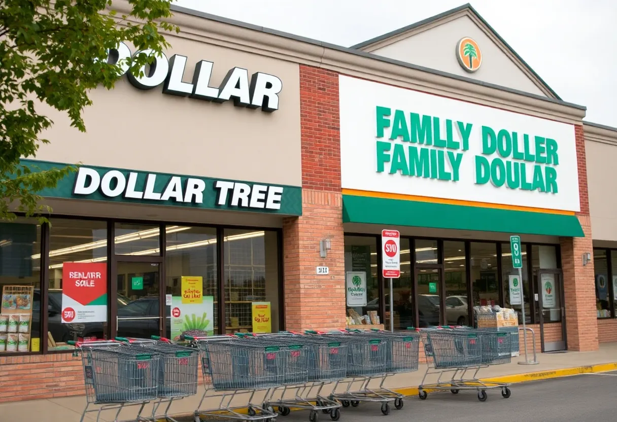 Front view of a Dollar Tree and Family Dollar store with shopping carts