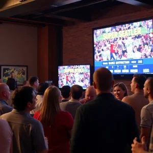 Attendees enjoying the Super Bowl ad watch party in East Lansing